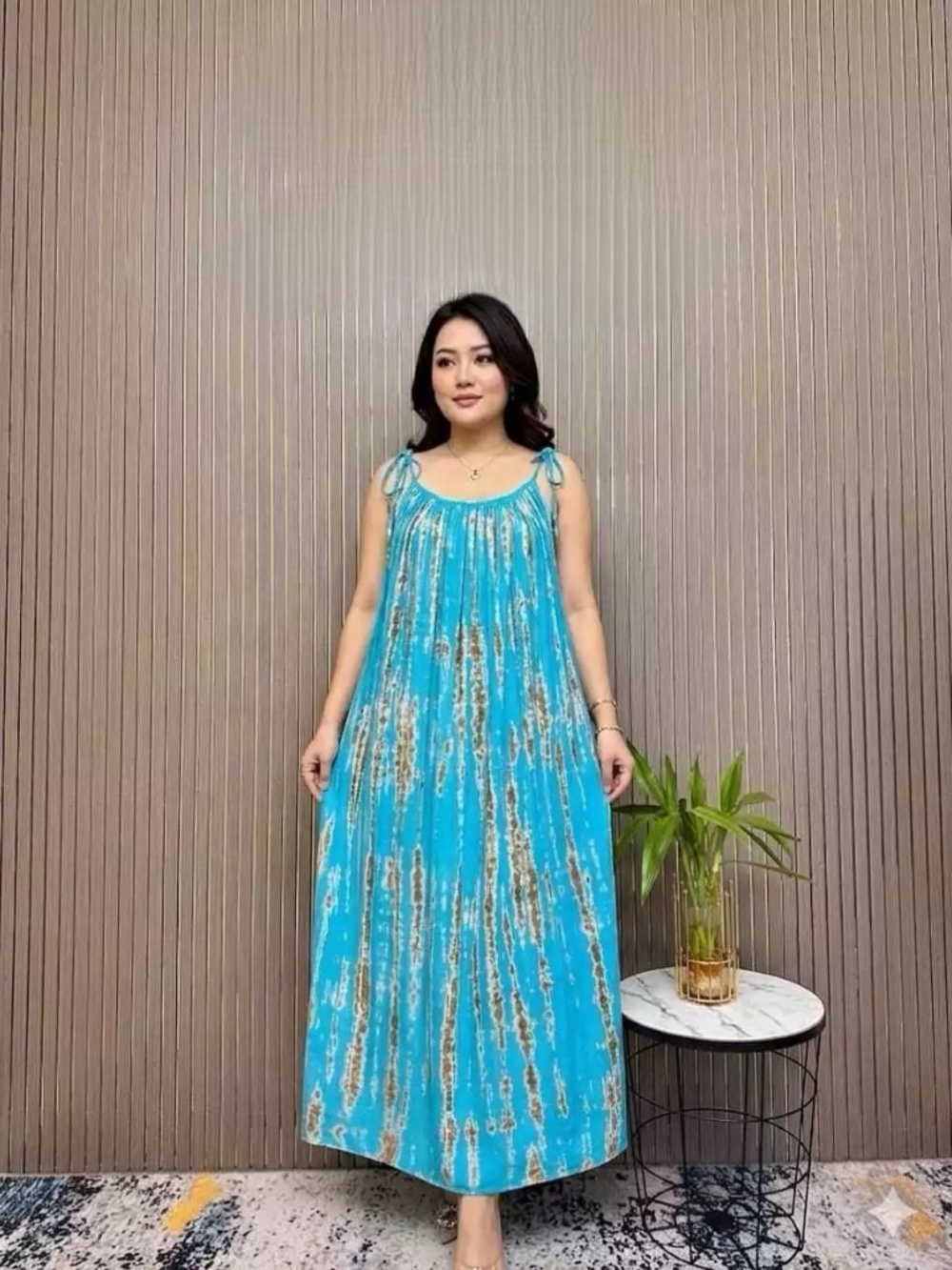 0104/ Bright Blue Brown Tie on Shoulder Dress, Sundress, Backless Dress